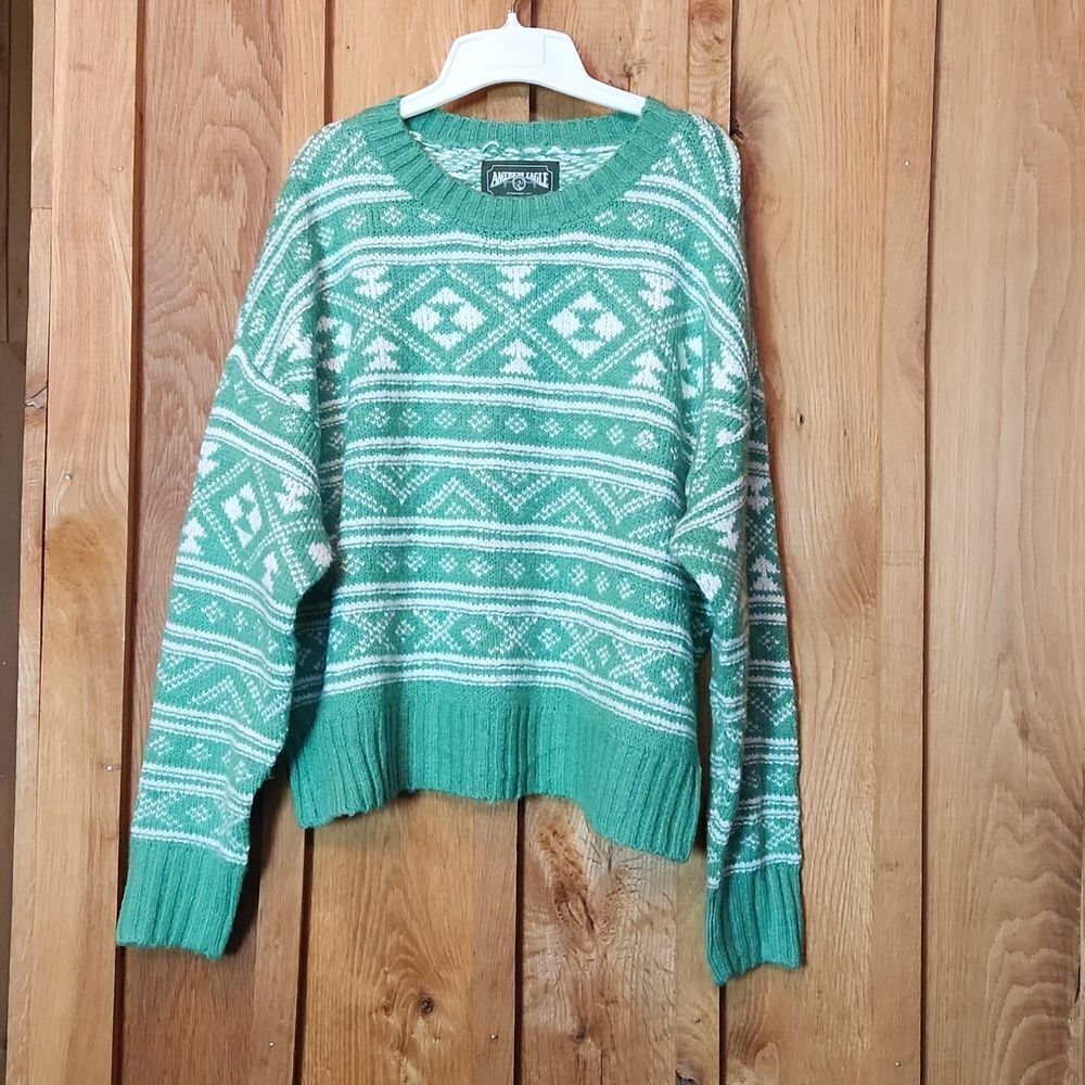 American Eagle Crew Neck Oversized Knit Sweater, Medium, Holiday Green & White
